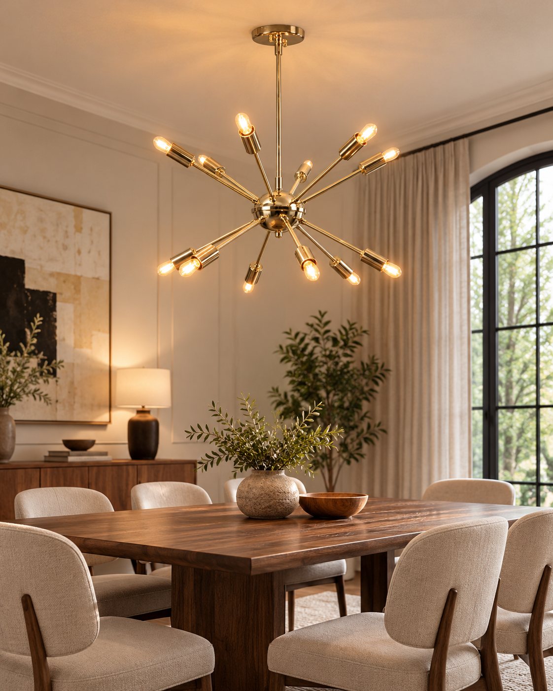 Bologna 12-light gold Sputnik chandelier illuminating a contemporary dining room with a wooden table, upholstered chairs, and warm ambient lighting.
