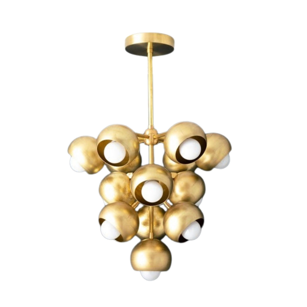 Front view of the Bordeaux 13 light brass cluster chandelier featuring layered rounded shades and white globe bulbs.