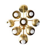 Lower angled view of the Bordeaux 13 light brass chandelier showing its multi-directional sculptural shade arrangement.