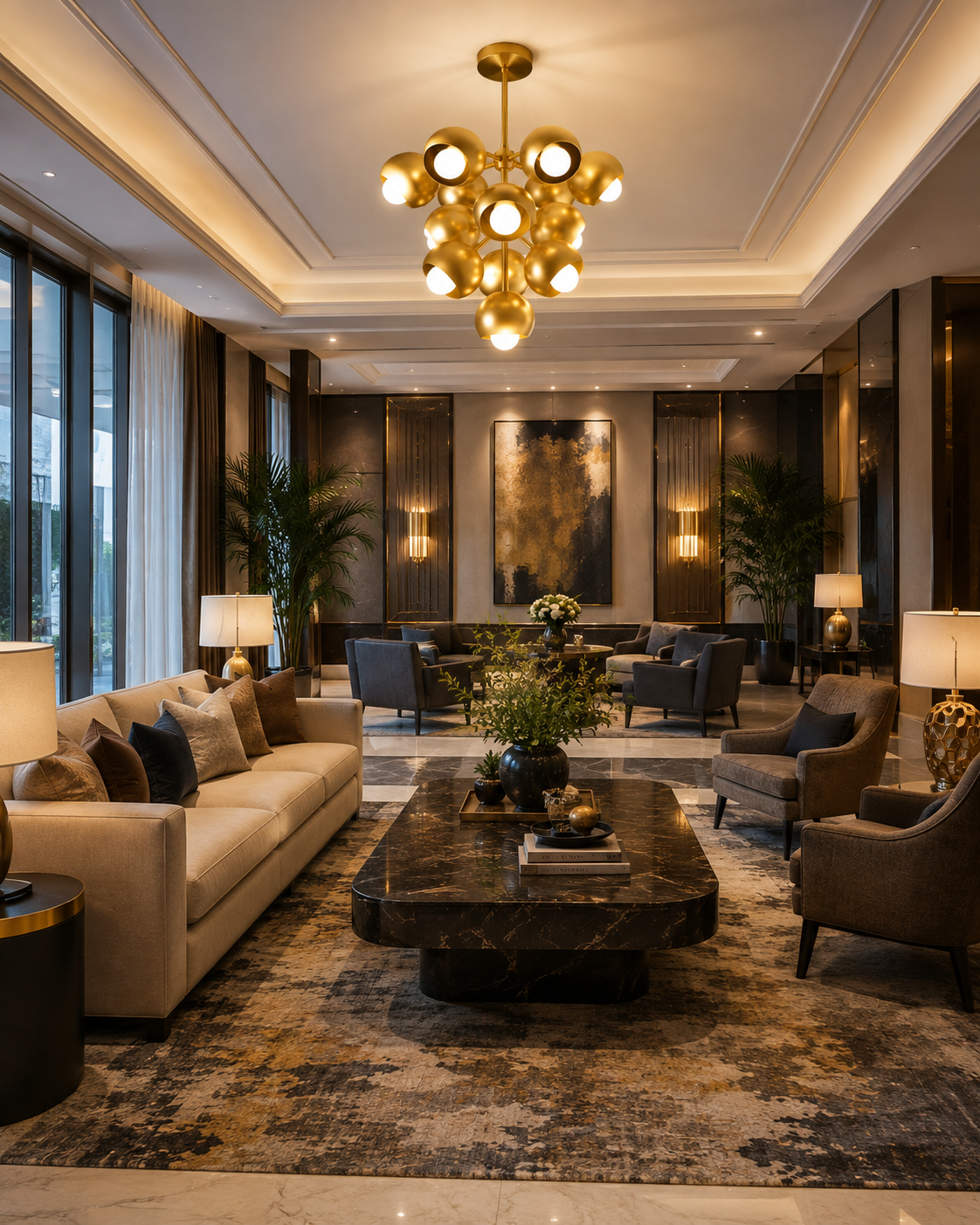 Bordeaux 13 light brass cluster chandelier displayed in a sophisticated luxury lounge with contemporary furniture and warm lighting.