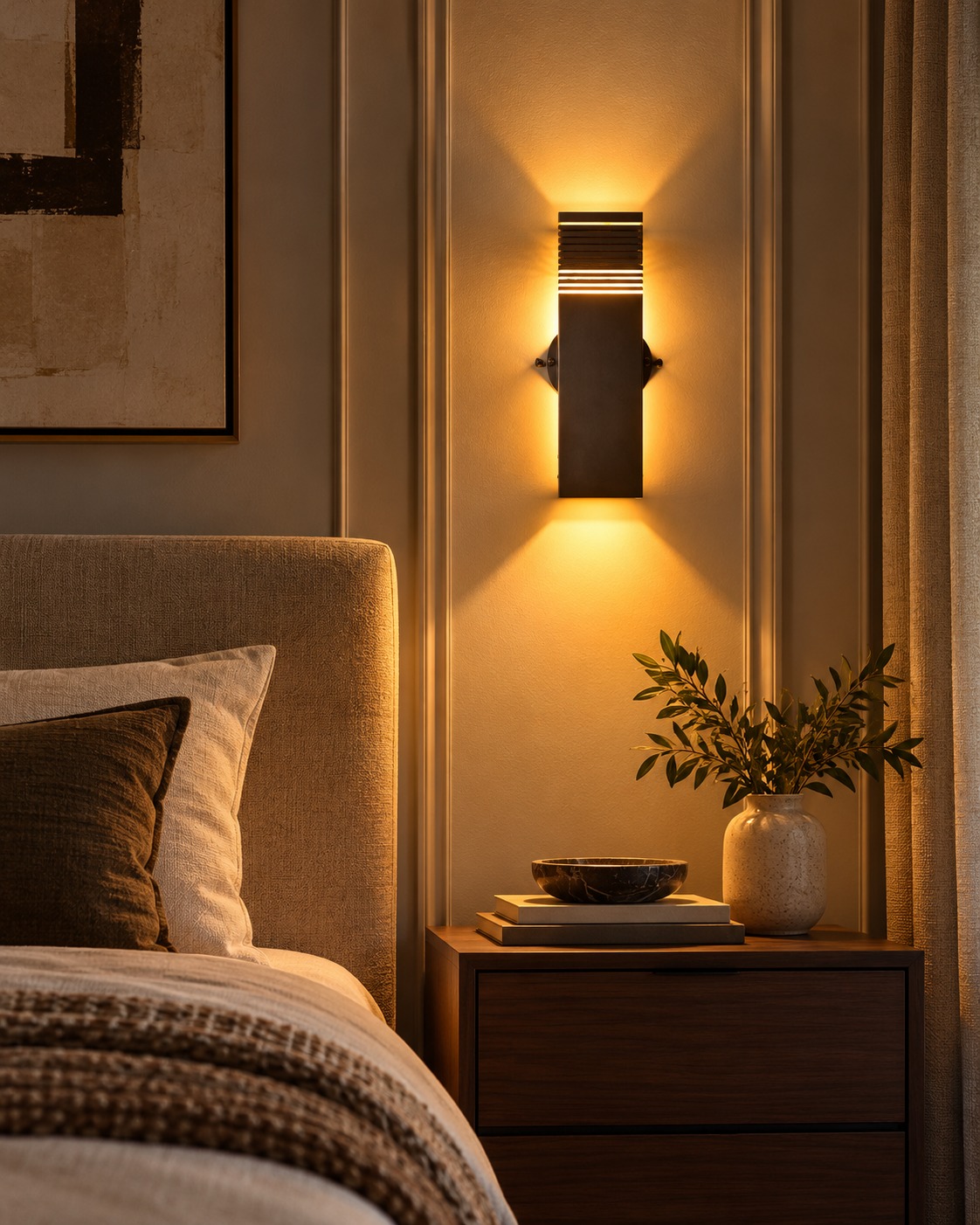 Boston 2-light architectural wall sconce mounted above a wooden bedside table in a cozy modern bedroom, casting warm light beside a neutral upholstered bed.