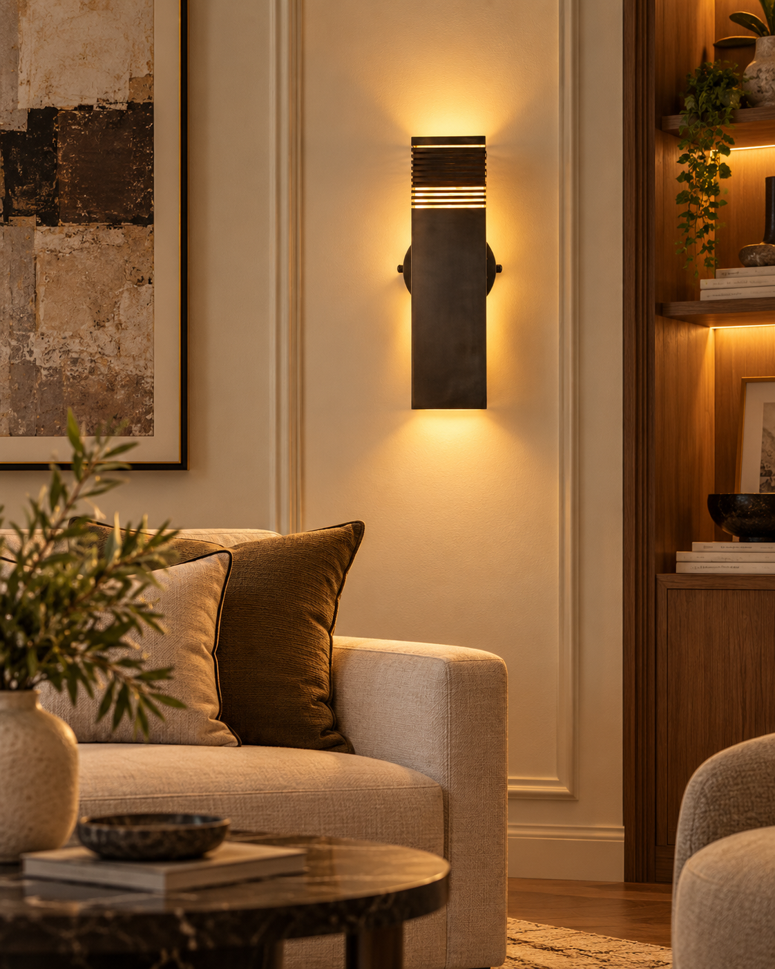 Boston 2-light modern wall sconce illuminating an elegant living room with a beige sofa, marble coffee table, contemporary artwork, and warm wooden shelving.