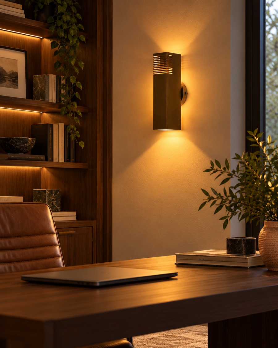 Boston 2-light dark metal wall sconce providing warm accent lighting in a modern home study with a walnut desk, leather chair, wooden bookshelves, and contemporary decor.