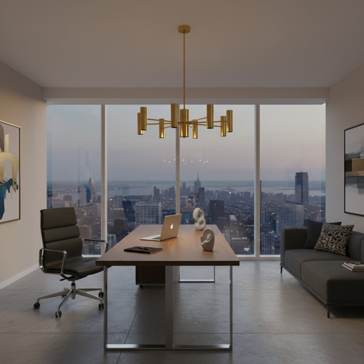 Boston 10 light Mid-Century Modern chandelier shown from an alternate view highlighting the cylindrical shades and brass-tone starburst frame.
