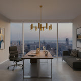 Boston 10 light Mid-Century Modern chandelier shown from an alternate view highlighting the cylindrical shades and brass-tone starburst frame.