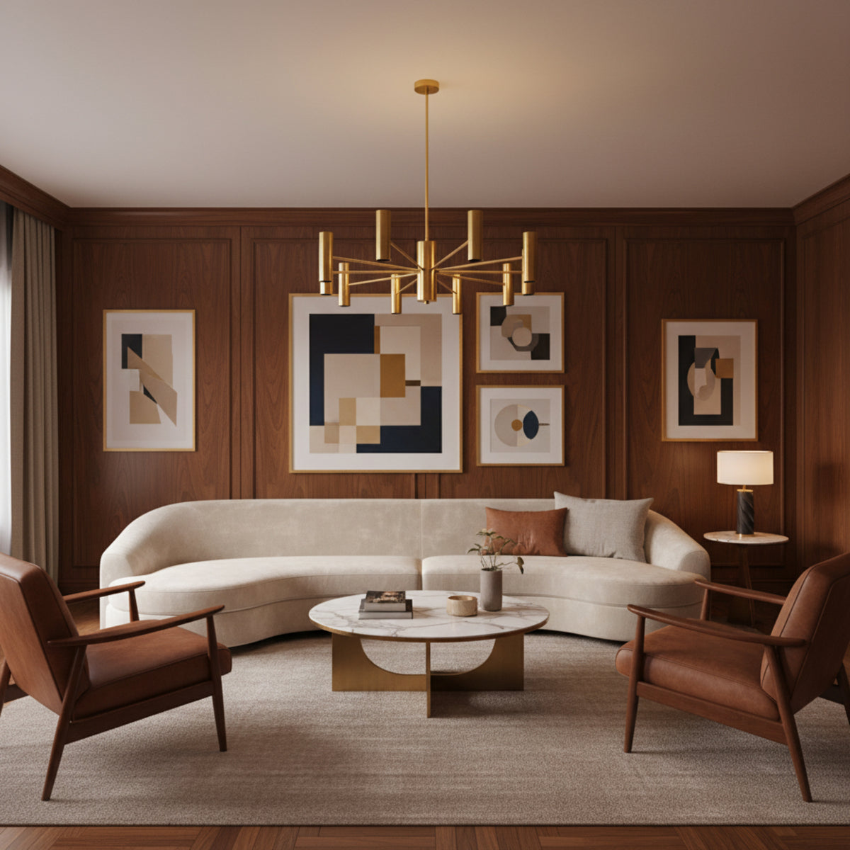 Boston 10 light cylinder chandelier shown from an angled view with elongated brass-tone shades and sculptural multi-arm construction.