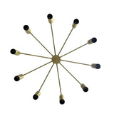 Boston 10 light Sputnik chandelier shown from below highlighting the radial arrangement of cylindrical shades and slender brass-tone arms.