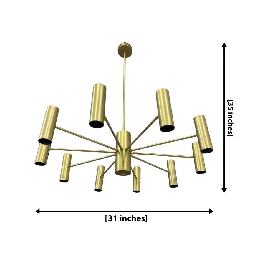 Boston 10 light brass-tone Sputnik chandelier illuminated in a contemporary living room with warm ambient lighting.