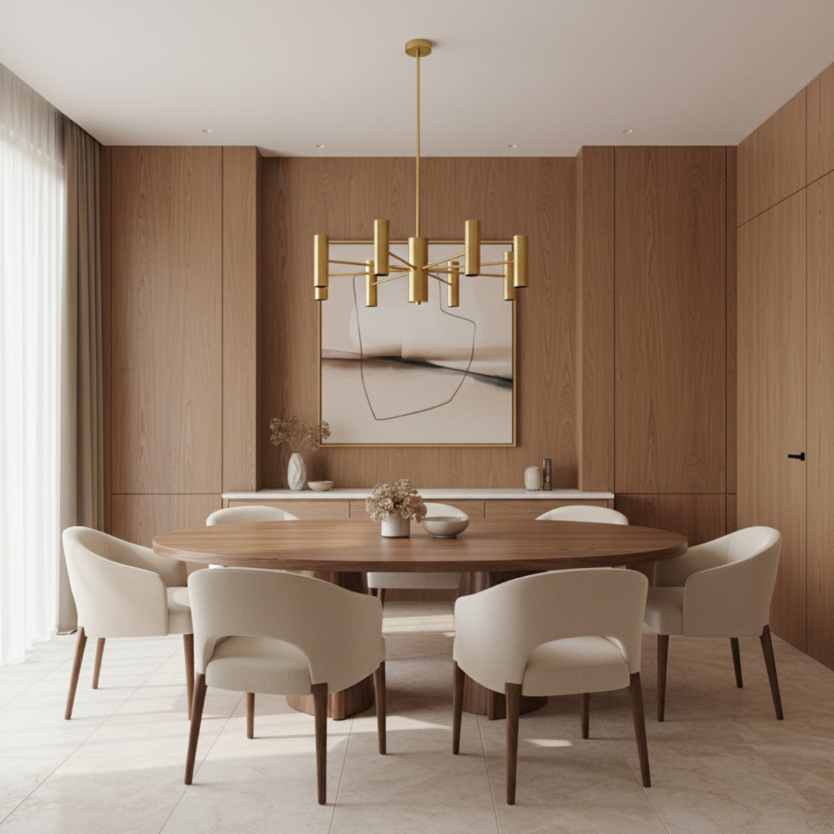 Boston 10 light brass-tone cylinder Sputnik chandelier shown from the front with elongated tubular shades and sculptural radial arms.