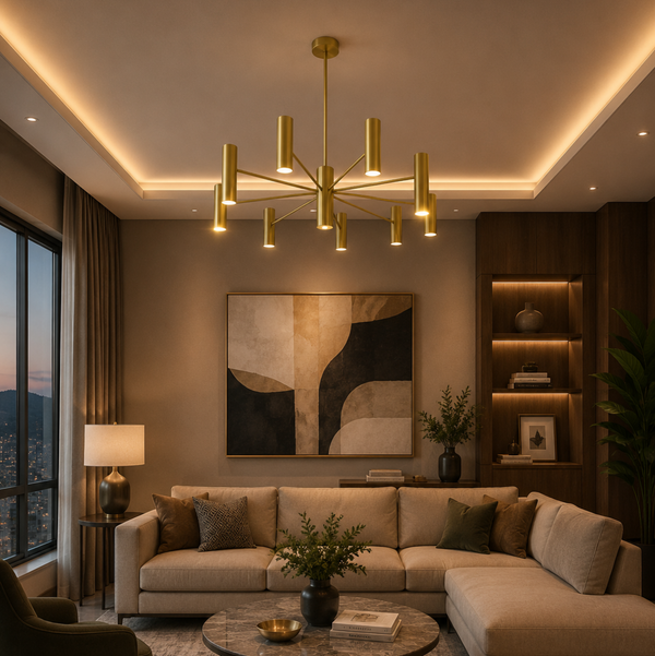 Boston 10 light brass-tone Sputnik chandelier illuminated in a contemporary living room with warm ambient lighting.