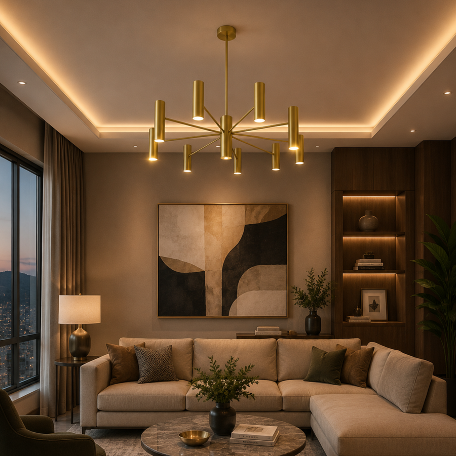 Boston 10 light brass-tone Sputnik chandelier illuminated in a contemporary living room with warm ambient lighting.