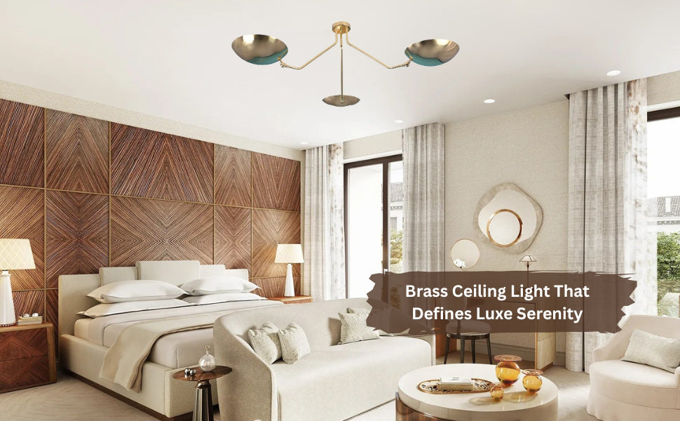 Elegant bedroom with a brass flushmount chandelier, white curtains, wood accent walls, and neutral modern decor.