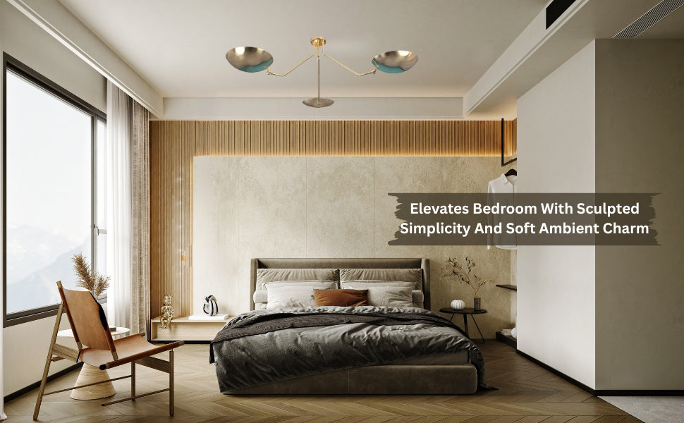 Minimalist bedroom with a brass flushmount chandelier featuring three bowl-shaped shades, adding sculpted simplicity and soft ambient charm.