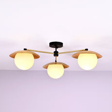 Handmade brass chandelier with three frosted globe bulbs and disc-style shades, modern flush mount ceiling light for living and dining spaces.