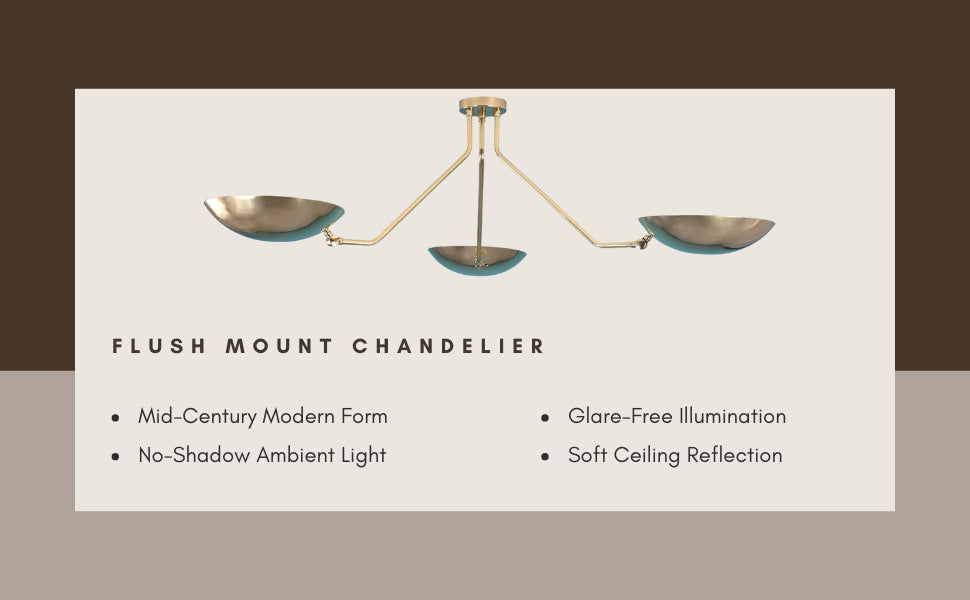 Product display of brass flushmount chandelier with three bowl shades, highlighting mid-century design and glare-free illumination.