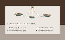 Product display of brass flushmount chandelier with three bowl shades, highlighting mid-century design and glare-free illumination.