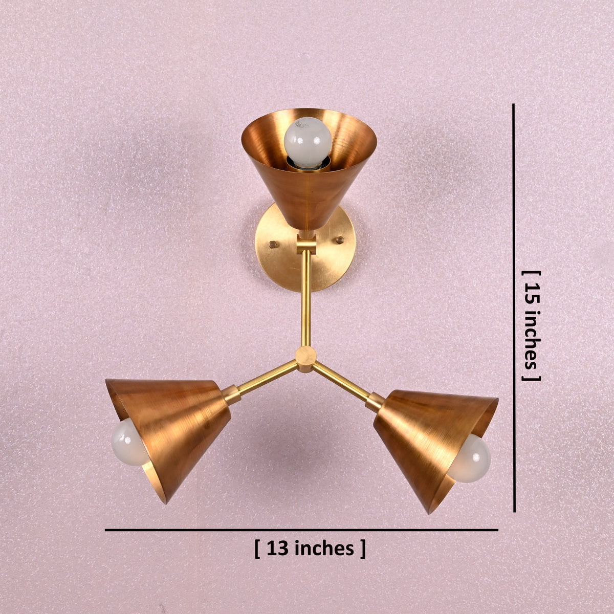 Brass 3-light wall sconce with conical shades, showing labeled measurements of 13 inches width and 15 inches height.