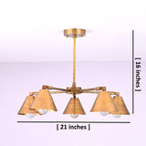 Brass chandelier with cone shades shown with size dimensions, 21 inches width and 16 inches height.