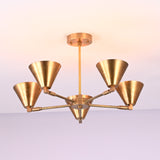 Modern brass chandelier with five upward cone shades in brushed golden finish, mounted on ceiling rod.