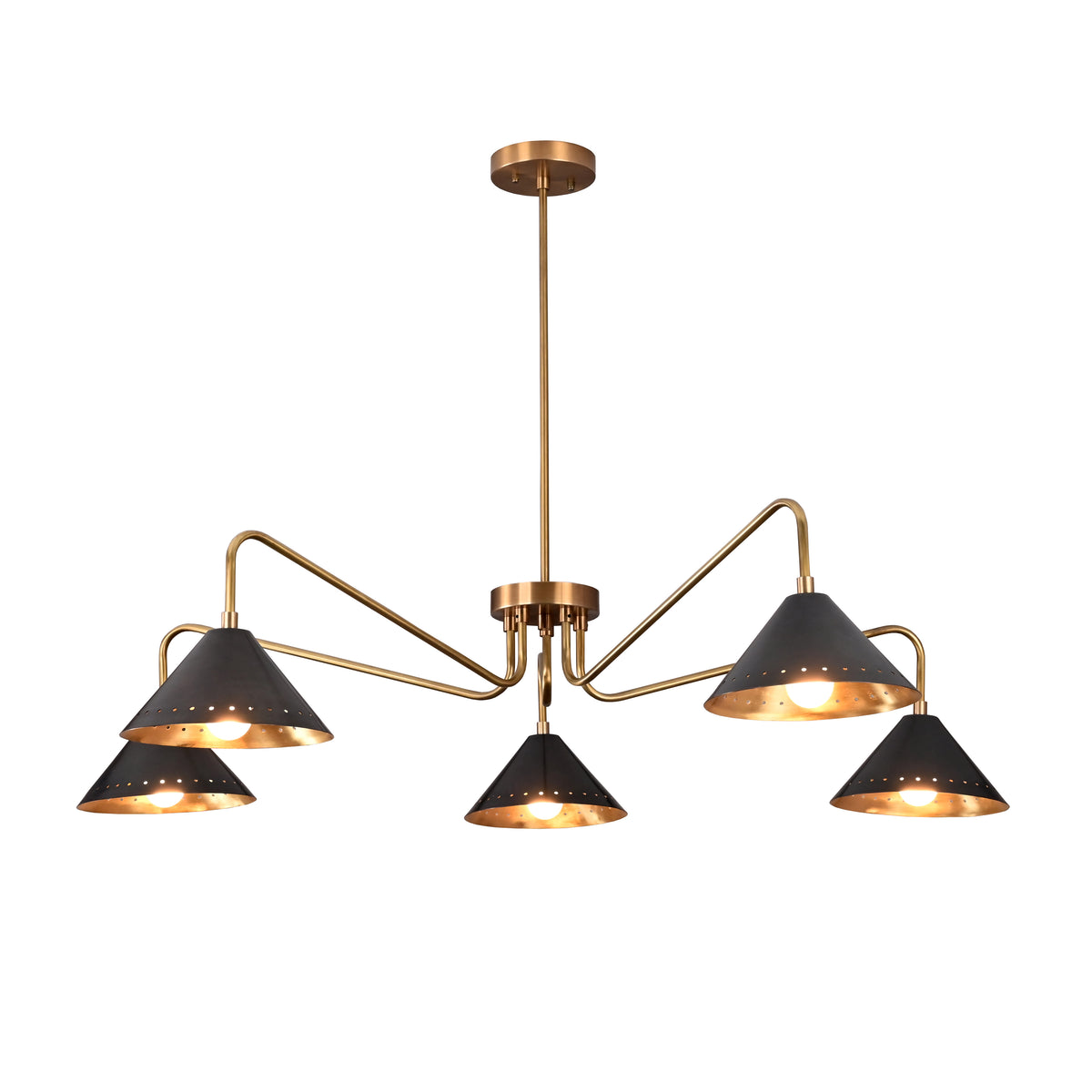 Elegant brass ceiling light with five black cone shades, perfect for modern interiors.