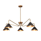 Elegant brass ceiling light with five black cone shades, perfect for modern interiors.