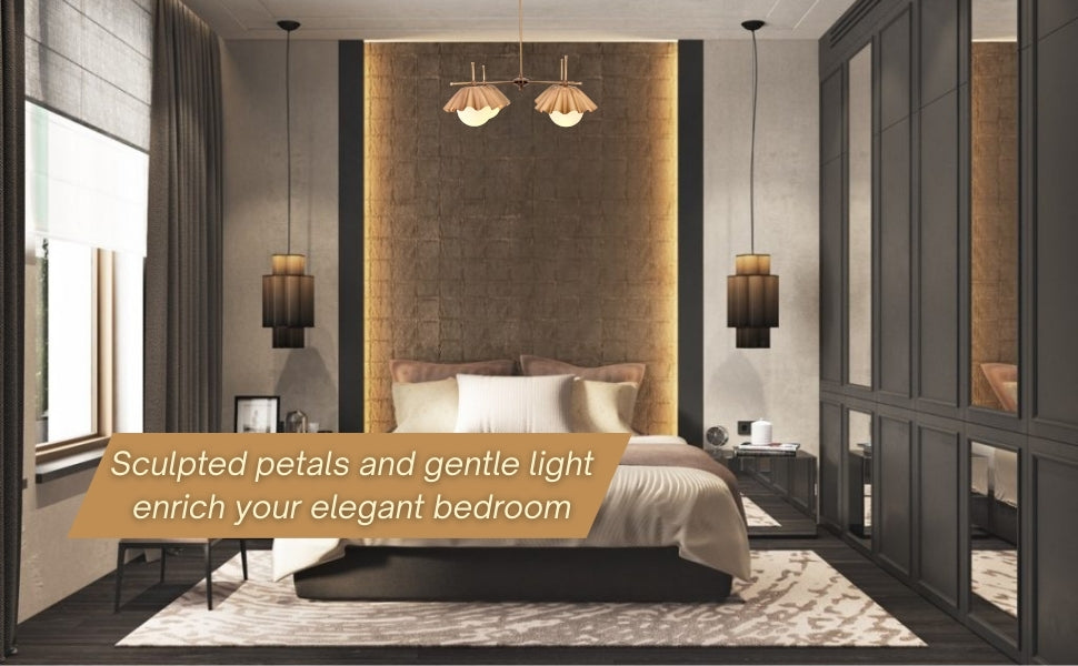 Elegant bedroom interior featuring handmade brass chandelier with ruffled globe shades, adding warm ambient light and artistic modern charm.