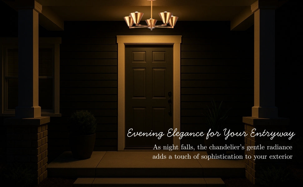 Brass chandelier lighting up a stylish entryway exterior, adding sophistication and charm during nighttime.