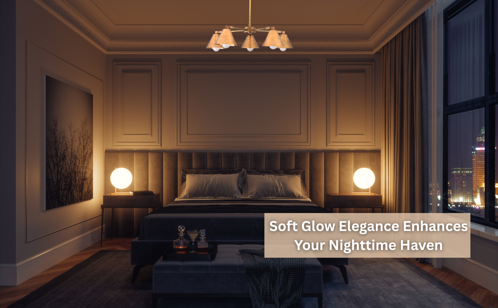 Elegant brass chandelier glowing warmly above a modern bedroom, creating a cozy nighttime atmosphere.