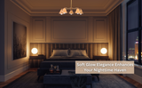 Elegant brass chandelier glowing warmly above a modern bedroom, creating a cozy nighttime atmosphere.