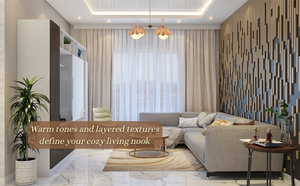 Cozy living room interior with handmade brass chandelier, ruffled globe shades providing warm tones and layered ambient light.