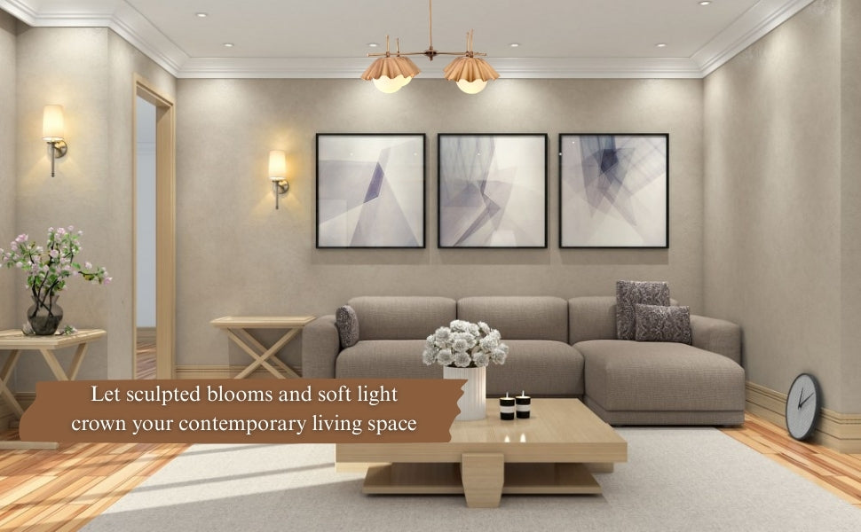 Contemporary living room with handmade brass chandelier, ruffled shade design and globe bulbs, adding soft light and sculptural elegance.