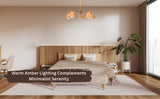 Brass cone chandelier glowing warmly in a minimalist bedroom with wooden interiors and modern furniture.