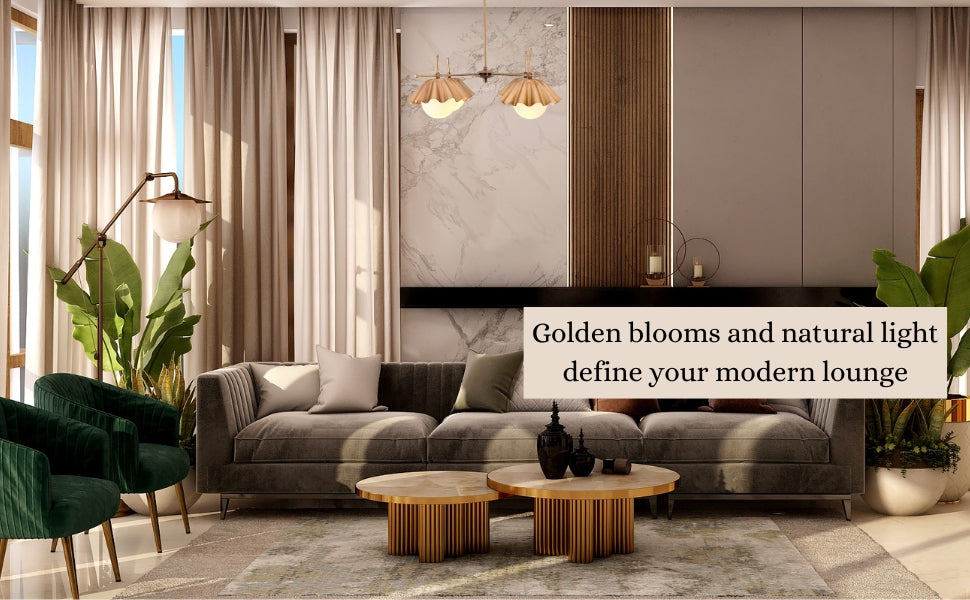Modern lounge with brass chandelier, ruffled bloom shades and frosted globes, highlighting golden accents and natural light in luxury decor.
