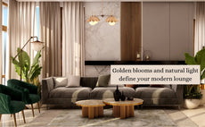 Modern lounge with brass chandelier, ruffled bloom shades and frosted globes, highlighting golden accents and natural light in luxury decor.