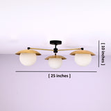 Handmade brass chandelier with three frosted globe shades and disc-style covers, 25-inch width by 10-inch height modern ceiling light fixture.