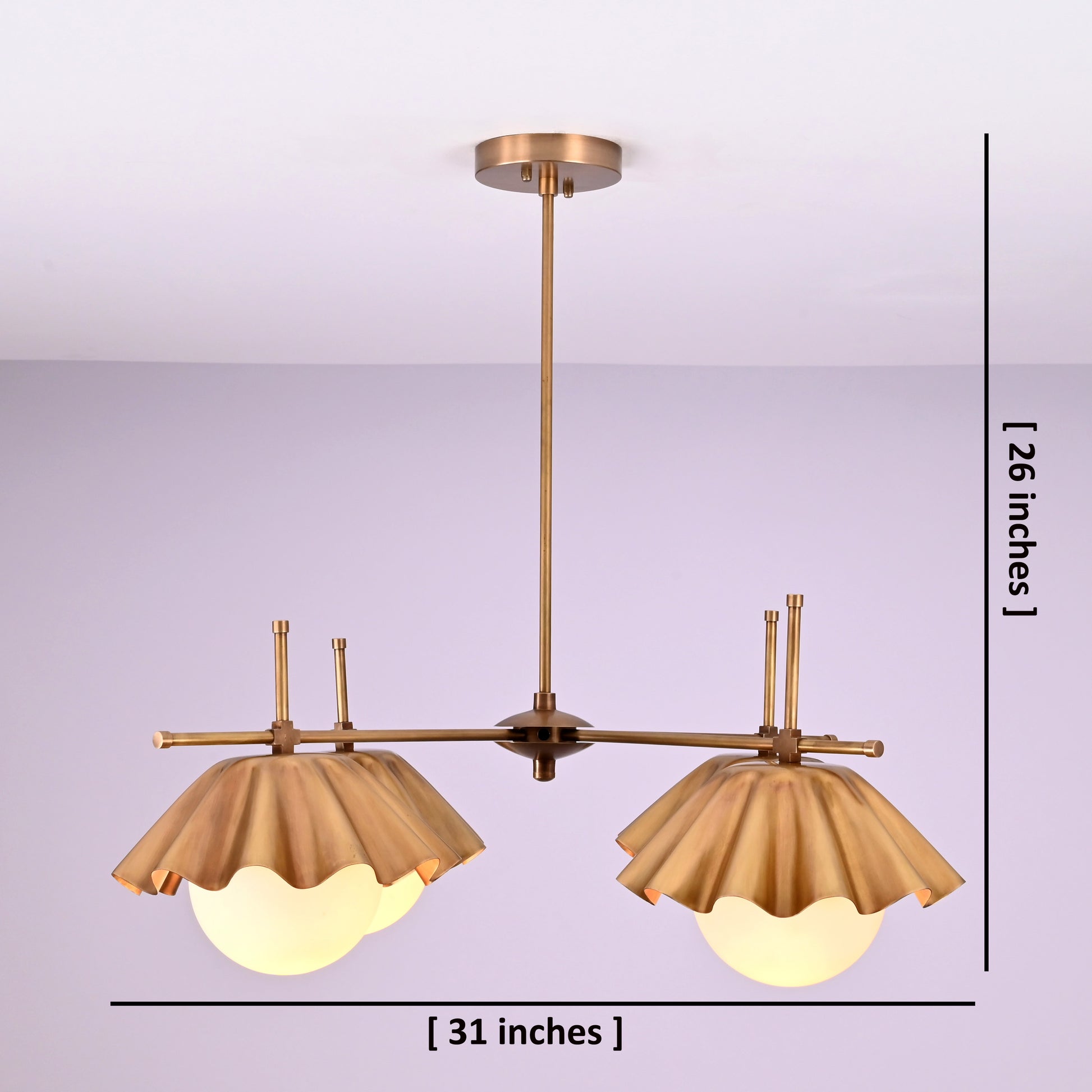 Handmade brass chandelier with ruffled bowl shades, showing 31-inch width and 26-inch height, customizable size ceiling light fixture.