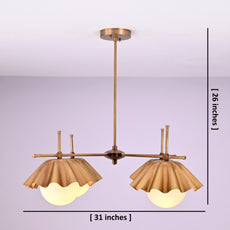 Handmade brass chandelier with ruffled bowl shades, showing 31-inch width and 26-inch height, customizable size ceiling light fixture.