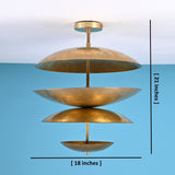 Dimension image of handcrafted brass disc chandelier with 18-inch width and 21-inch height labeled, against a blue background