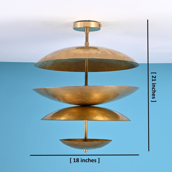 Dimension image of handcrafted brass disc chandelier with 18-inch width and 21-inch height labeled, against a blue background