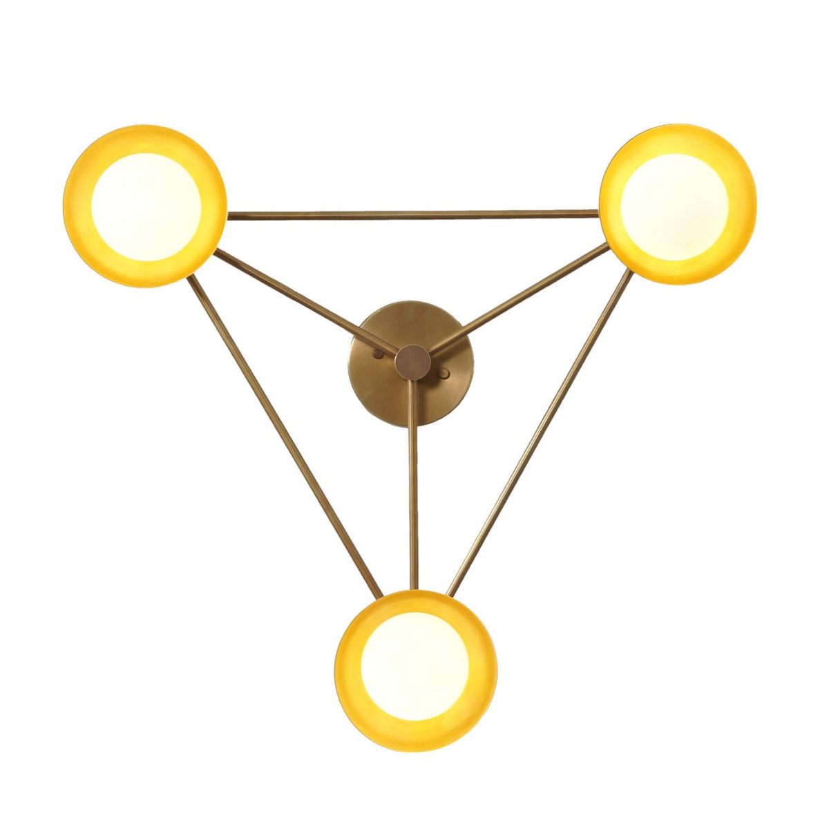 Top view of geometric 3-light brass dome chandelier forming a triangular pattern with softly glowing shades for balanced, ambient lighting.