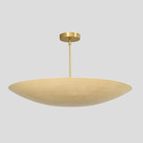 Contemporary brass flushmount chandelier with elegant dome shade and slim rod suspension.