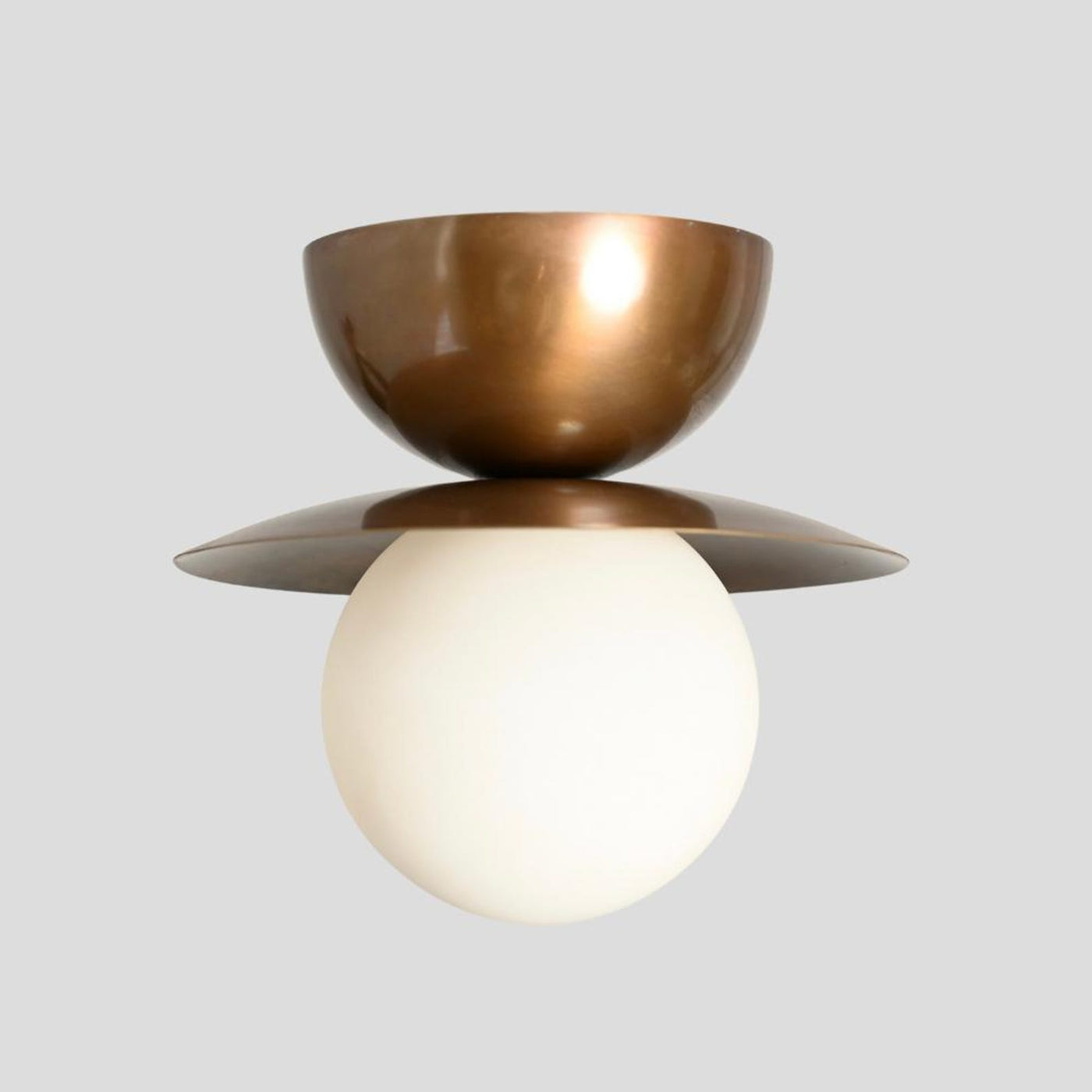Handmade brass double bowl flush mount ceiling light with opal glass globe – modern minimalist ceiling fixture.
