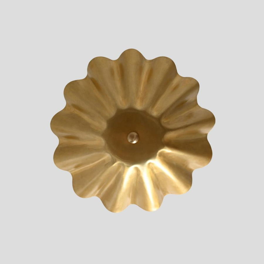 Handmade brass ruffle semi-flush ceiling light with sculpted wave design and brushed finish