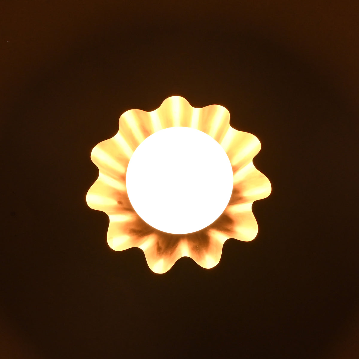 Overhead view of glowing brass flower wall light radiating warm light with wavy petal design.