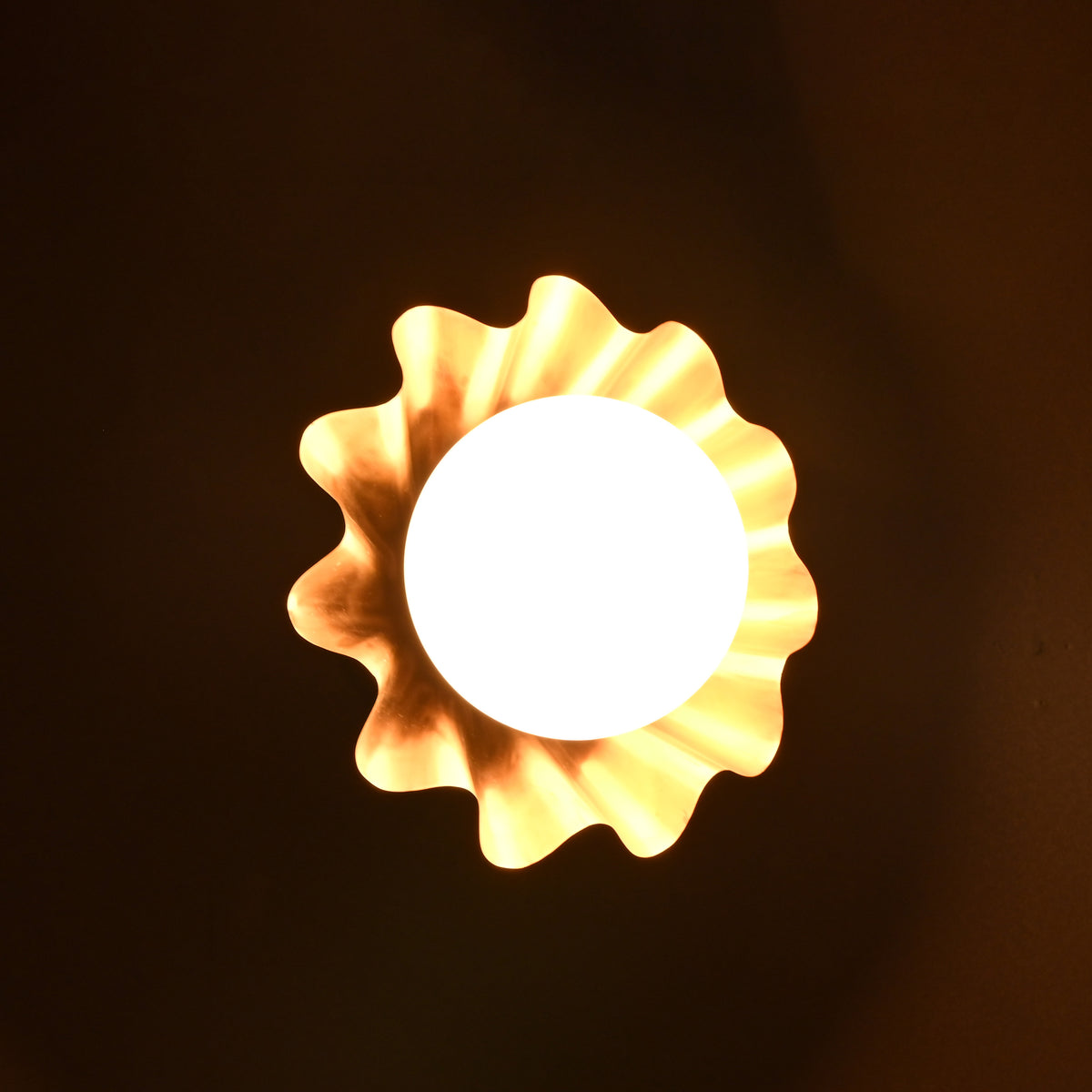 Illuminated brass flower wall sconce creating a warm ambient glow in a dark setting.