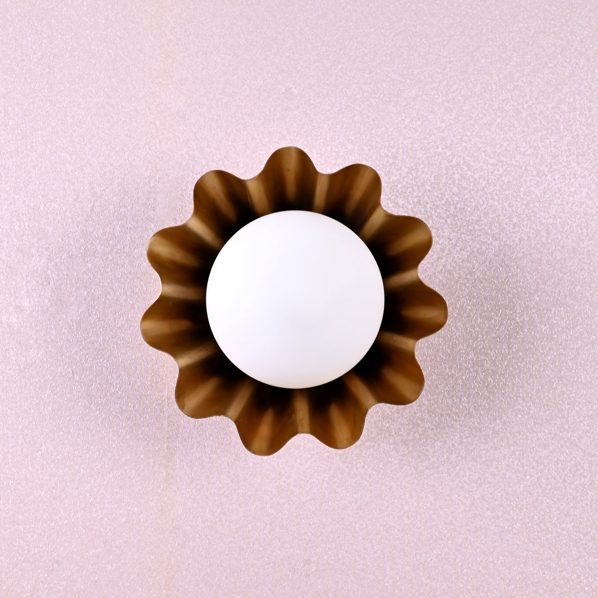 Brass flower wall sconce with round bulb and petal-shaped design viewed from the top against a textured wall.
