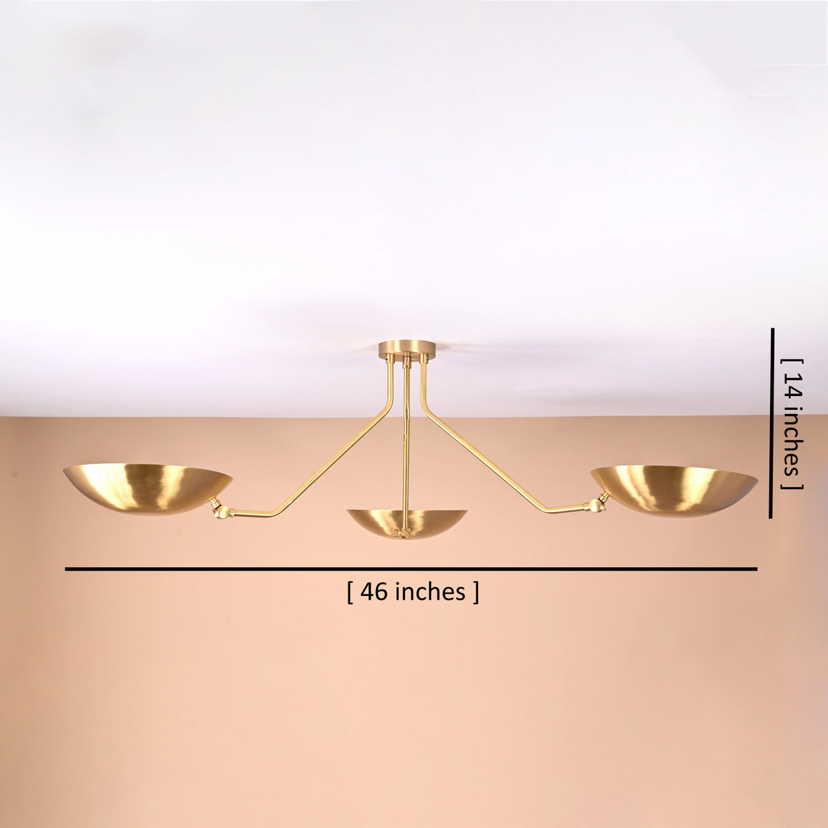 46-inch wide and 14-inch high three-arm brushed brass ceiling light with labeled dimensions and bowl-shaped shades