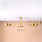 46-inch wide and 14-inch high three-arm brushed brass ceiling light with labeled dimensions and bowl-shaped shades