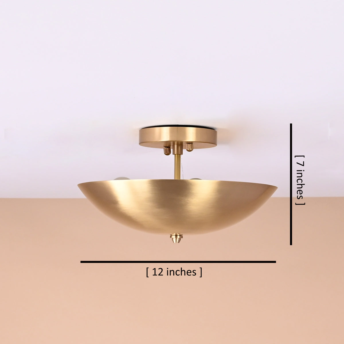 12-inch brushed brass flushmount ceiling light showing 7-inch height and bowl-shaped design by Brass Leaf Studio