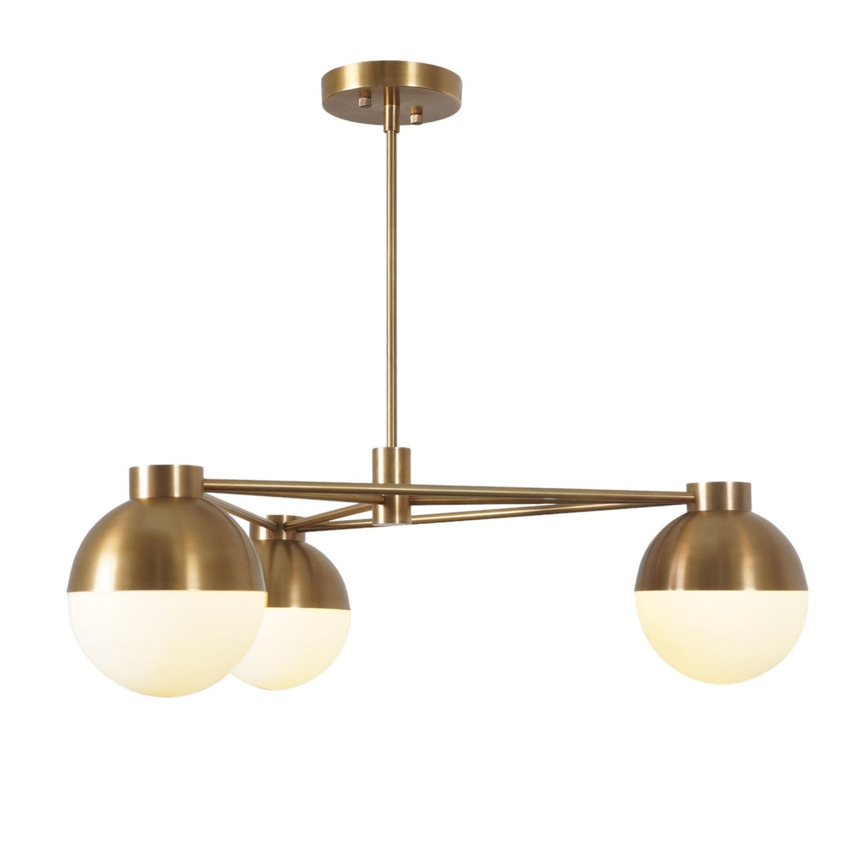 Side view of 3-light brushed brass chandelier featuring spherical frosted glass globes on a linear frame for balanced, modern illumination.